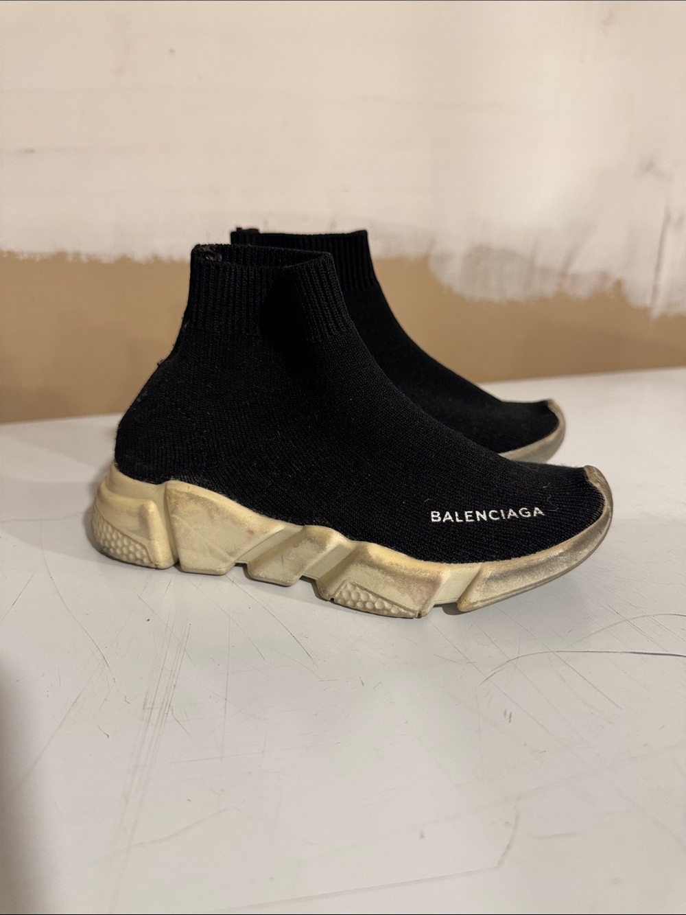 Kids Balenciaga Black Knit Sock Sneakers with Aged Cream Sole